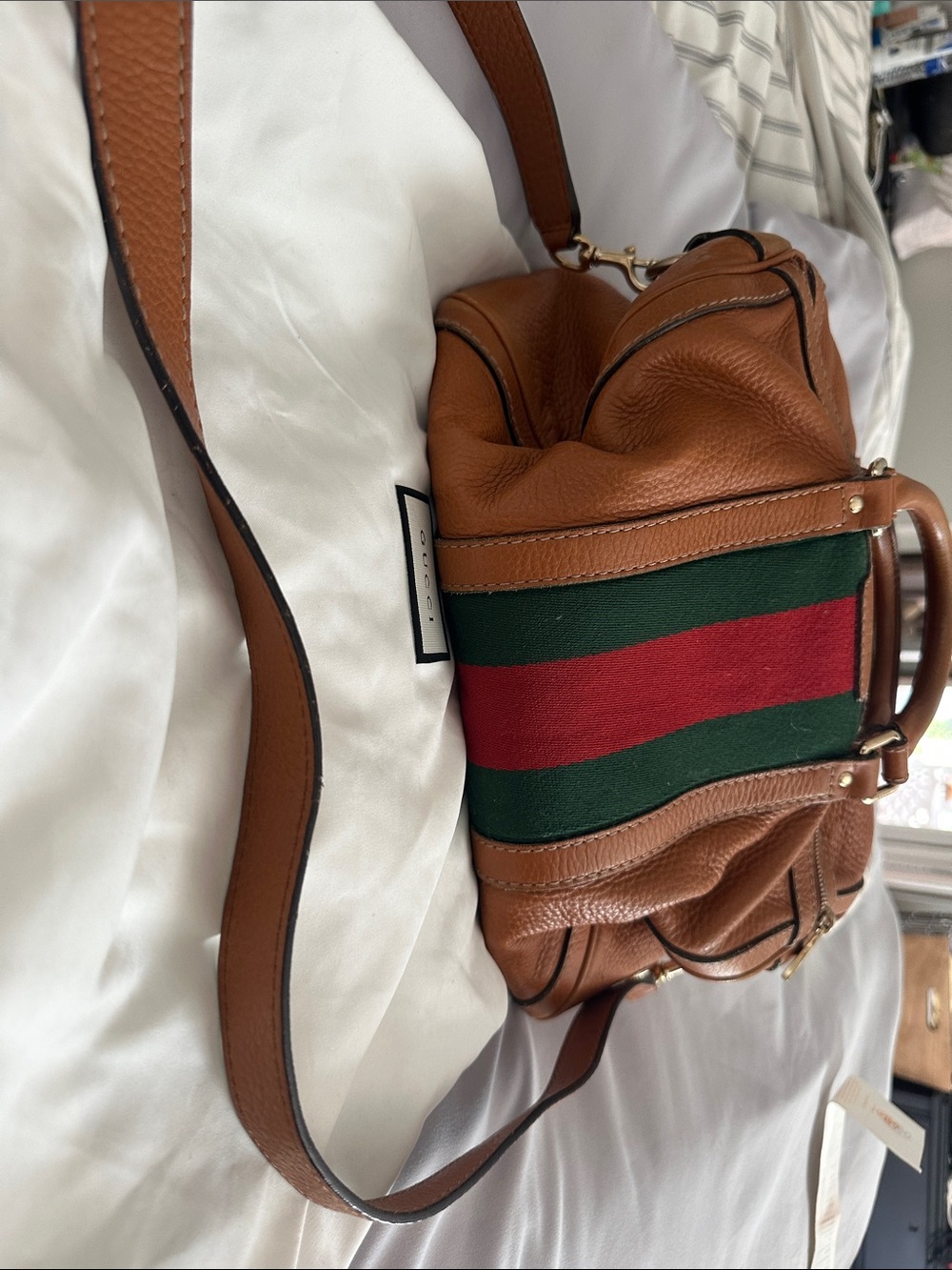 Gucci Boston Tan Leather Shoulder Bag with Green & Red Center Stripe crossbody - Picture 9 of 10
